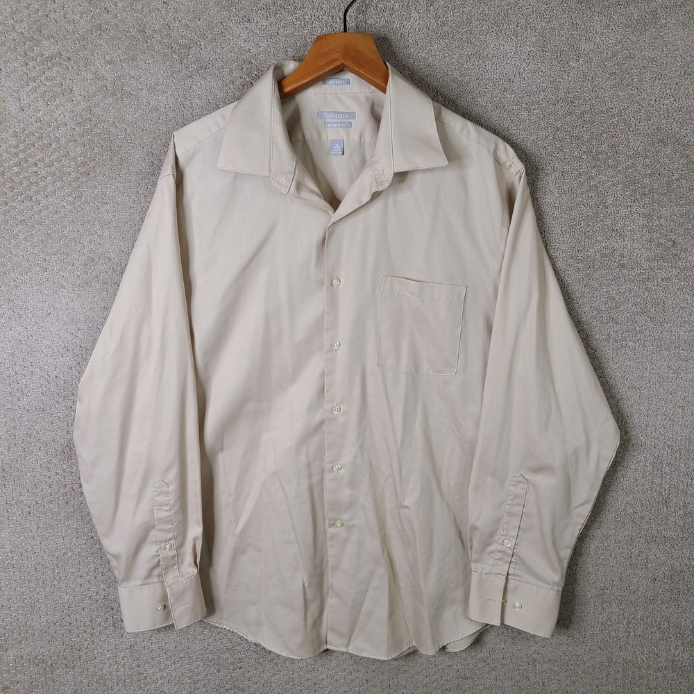 Van Heusen Shirt Mens 18 34/35 Beige Athletic Fit Button Down Lux Sateen Casual